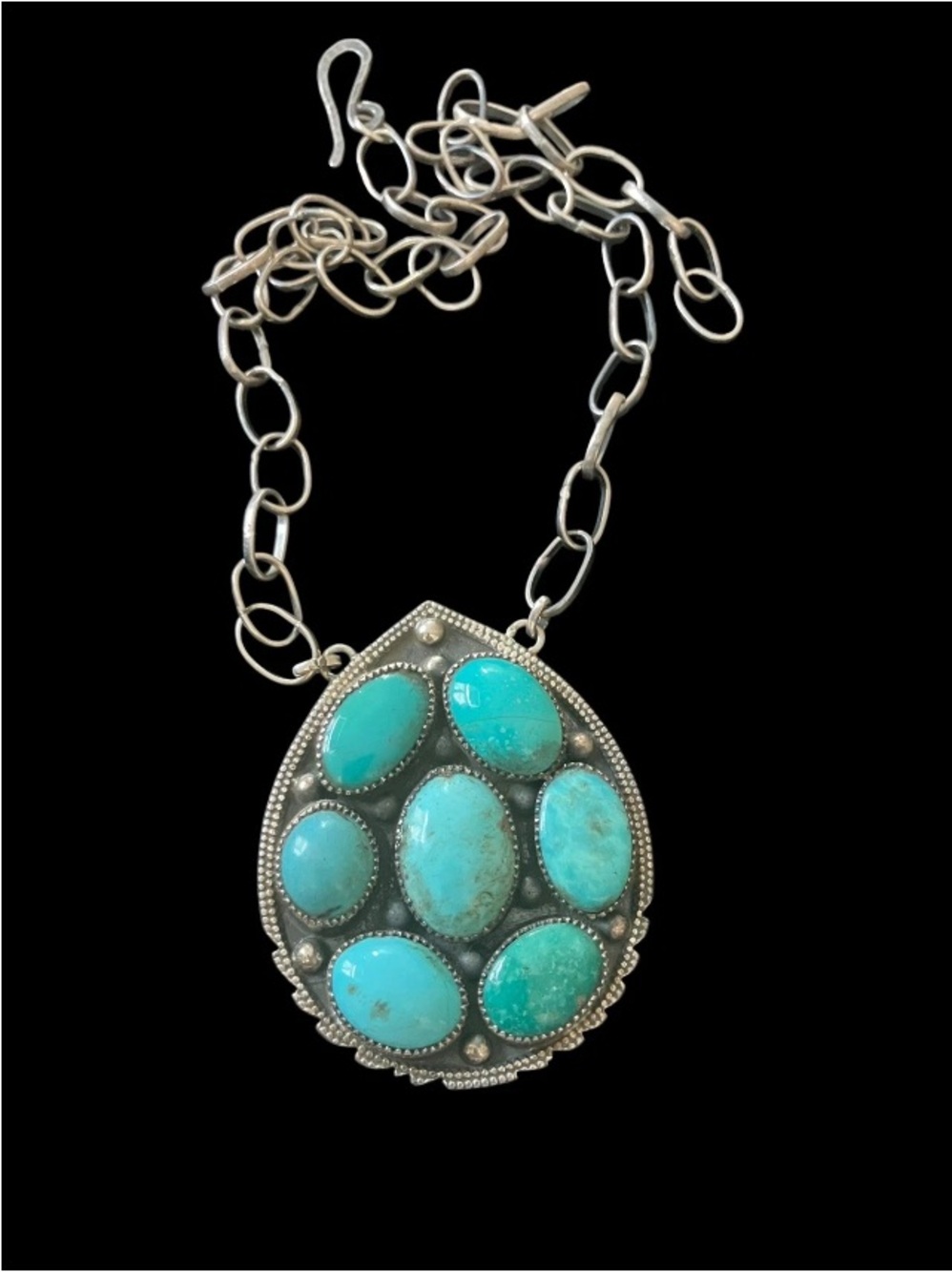 Sterling Silver 925 Turquoise 7 Stone Necklace 22" 55g Southwestern Statement
